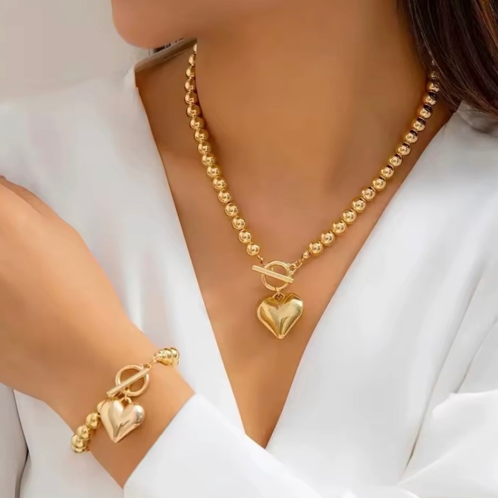 ✨ 2Pcs Luxury Gold Color Beads Heart Pendant Necklace Bracelet for Women Punk